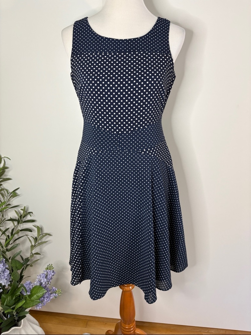 The Limited Navy and White Polka Dot Sleeveless Midi Dress